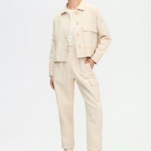 Herringbone Short Jacket Cotton Beige Cream Soft