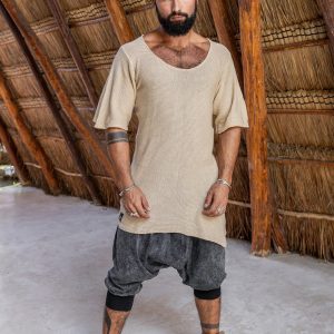 Hand Knit Cotton Tshirt Men: Bohemian Beach Shirt