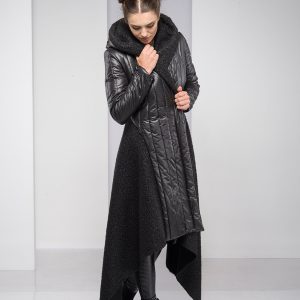 Black Wool Blend Maxi Coat Hooded Asymmetric Winter