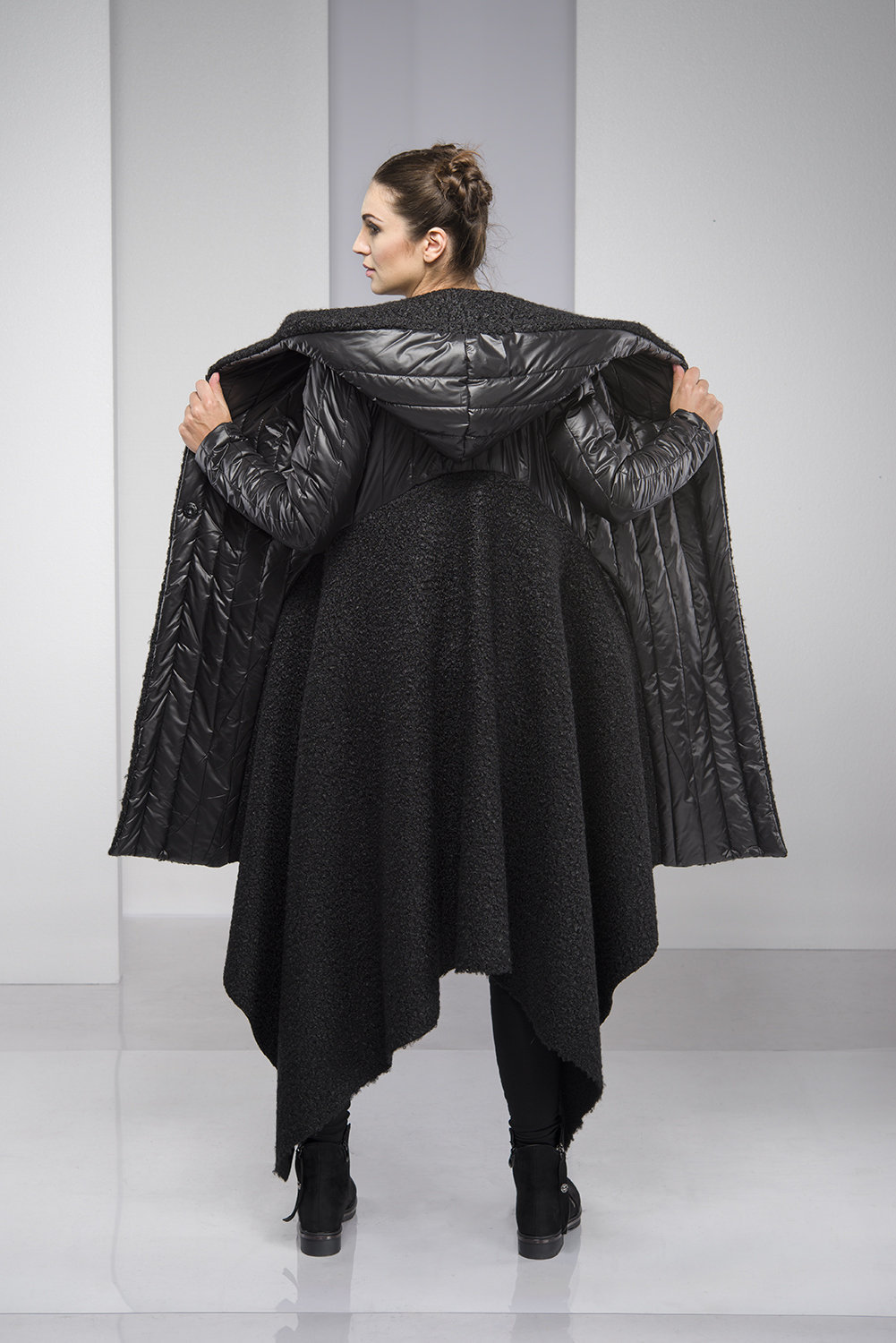 Black Wool Blend Maxi Coat Hooded Asymmetric Winter