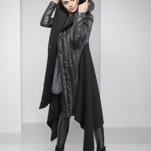 Black Wool Blend Maxi Coat Hooded Asymmetric Winter