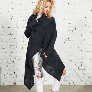 Wool Cardigan Women Black Knit Sweater Plus Size