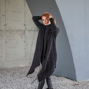 Wool Cardigan Women Black Knit Sweater Plus Size