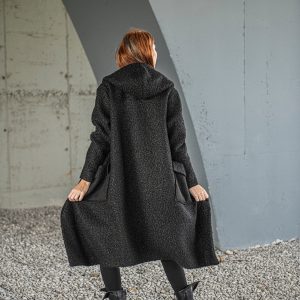 Wool Blend Winter Coat: Black Hooded Midi Length