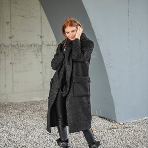 Wool Blend Winter Coat: Black Hooded Midi Length