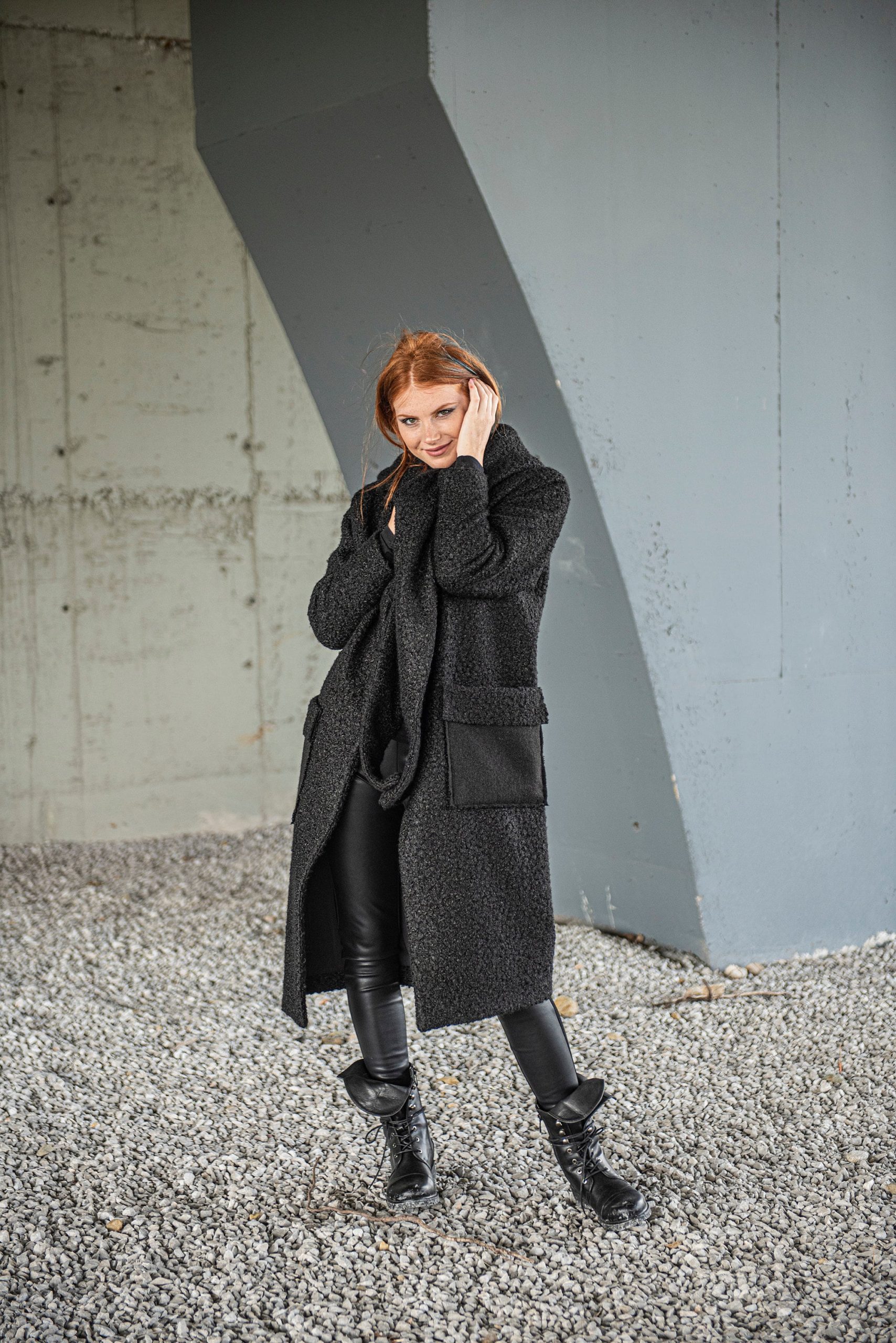 Wool Blend Winter Coat: Black Hooded Midi Length