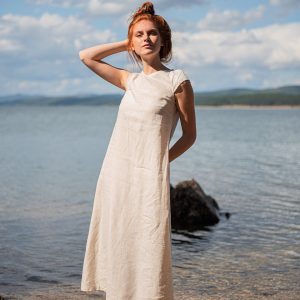 Natural Linen Dress Midi With Pockets Kaftan Summer