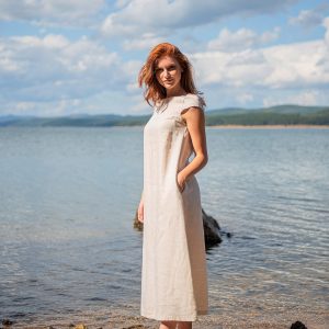 Natural Linen Dress Midi With Pockets Kaftan Summer