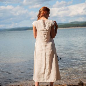 Natural Linen Dress Midi With Pockets Kaftan Summer
