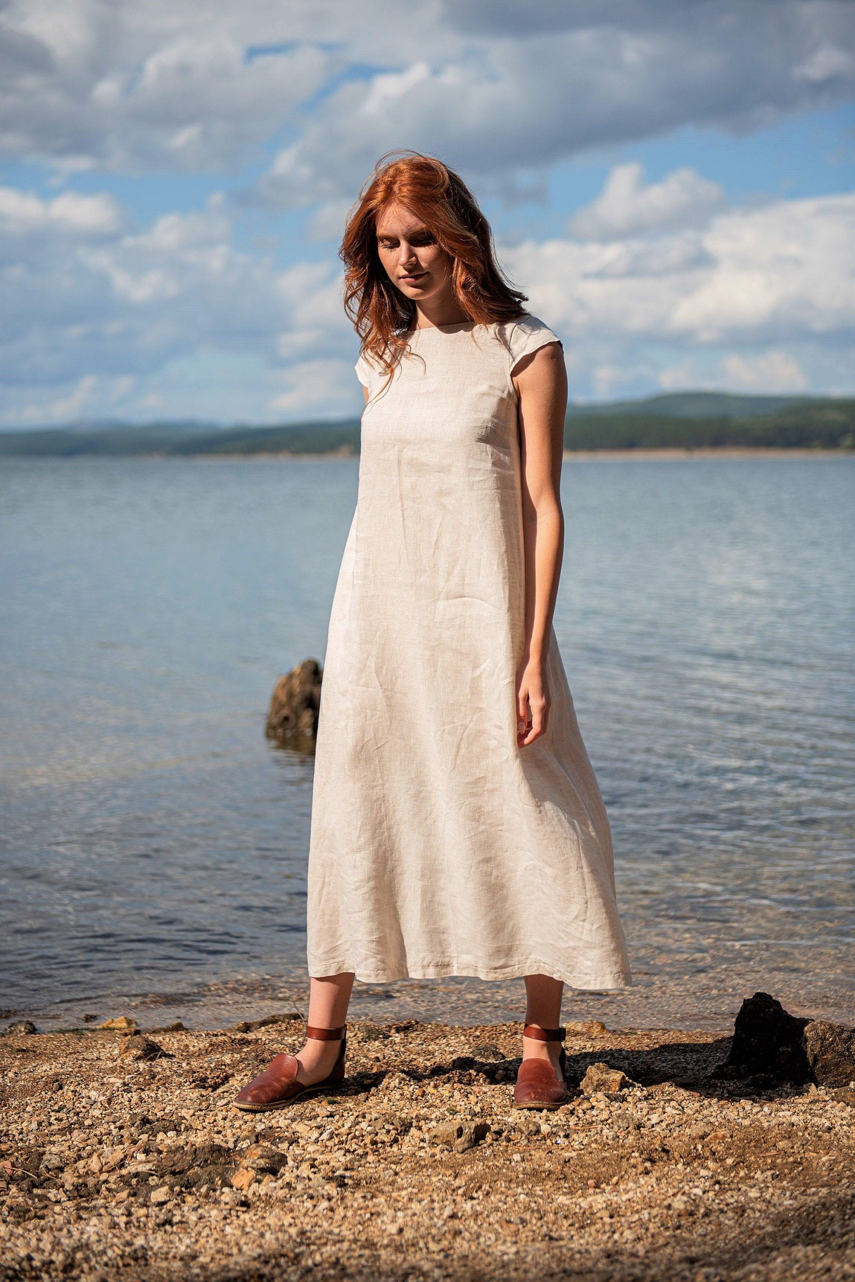 Natural Linen Dress Midi With Pockets Kaftan Summer