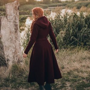 Winter Wool Coat Hooded Classic Cape Burgundy Elegant