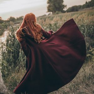 Winter Wool Coat Hooded Classic Cape Burgundy Elegant