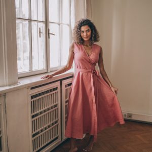Sleeveless Linen Midi Dress Wrap Style With Tie