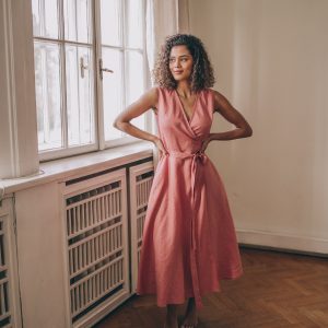 Sleeveless Linen Midi Dress Wrap Style With Tie