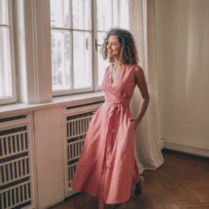 Sleeveless Linen Midi Dress Wrap Style With Tie