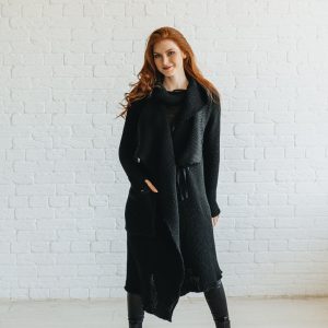 Long Wool Cardigan: Black Hooded Chunky Knit Cozy