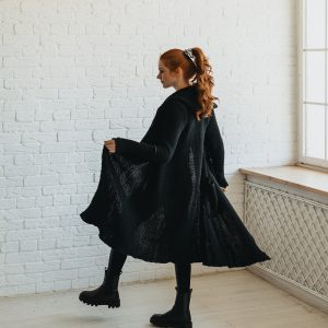 Long Wool Cardigan: Black Hooded Chunky Knit Cozy