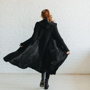 Long Wool Cardigan: Black Hooded Chunky Knit Cozy