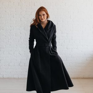 Wool Hooded Coat: Long Black Swing Style Cozy