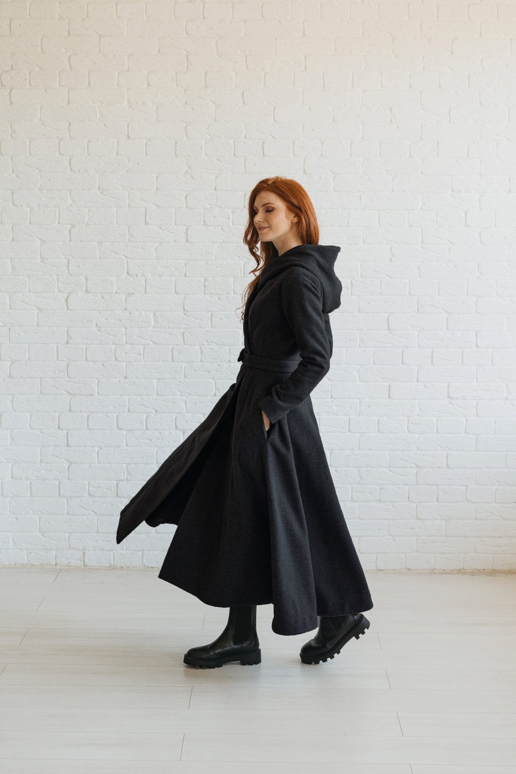 Wool Hooded Coat: Long Black Swing Style Cozy