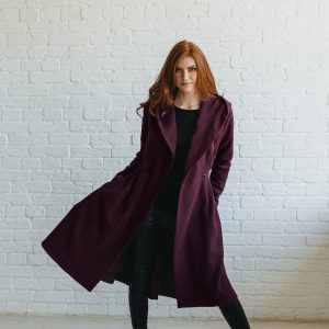 Merino Wool Midi Coat With Hood Burgundy Winter