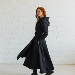 Winter Wool Coat Hooded Classic Cape Burgundy Elegant