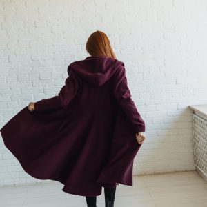 Merino Wool Midi Coat With Hood Burgundy Winter