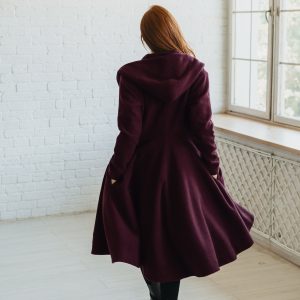 Merino Wool Midi Coat Hooded Princess Style Tie