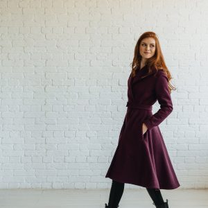 Merino Wool Midi Coat With Hood Burgundy Winter