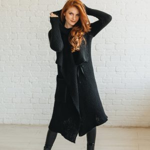 Long Wool Cardigan: Black Hooded Chunky Knit Cozy