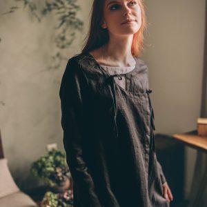 Black Heavyweight Linen Cardigan Long Jacket With Slits