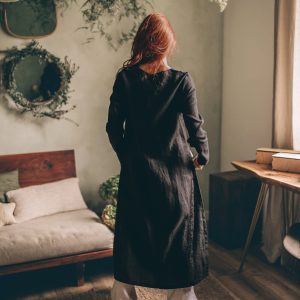 Black Heavyweight Linen Cardigan Long Jacket With Slits