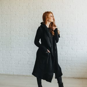Long Wool Cardigan: Black Hooded Chunky Knit Cozy