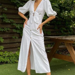 Linen Dress Elegant Deep V Neck Dresses Midi