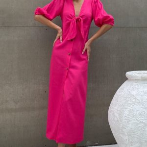 Linen Dress Elegant Deep V Neck Dresses Midi