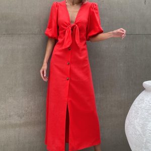 Linen Dress Elegant Deep V Neck Dresses Midi