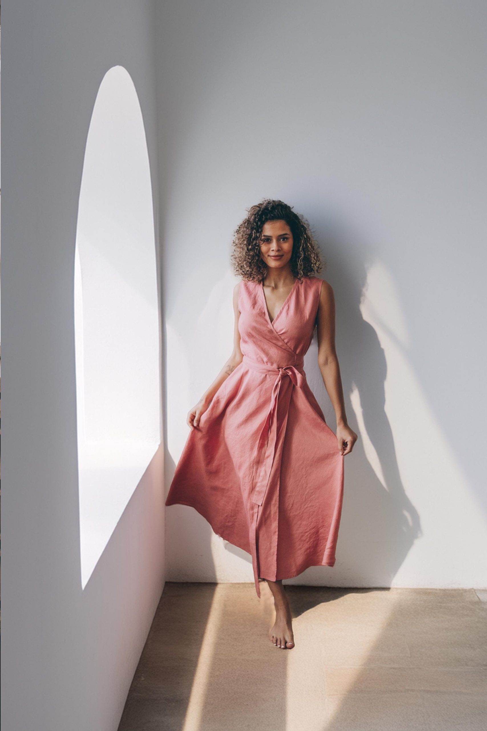 Sleeveless Linen Midi Dress Wrap Style With Tie