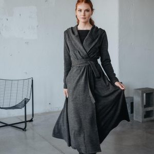 Hooded Maxi Knit Cardigan With Tie Belt Women's