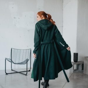 Green Wool Midi Coat With Hood Fit And