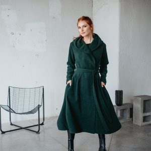Green Wool Midi Coat With Hood Fit And
