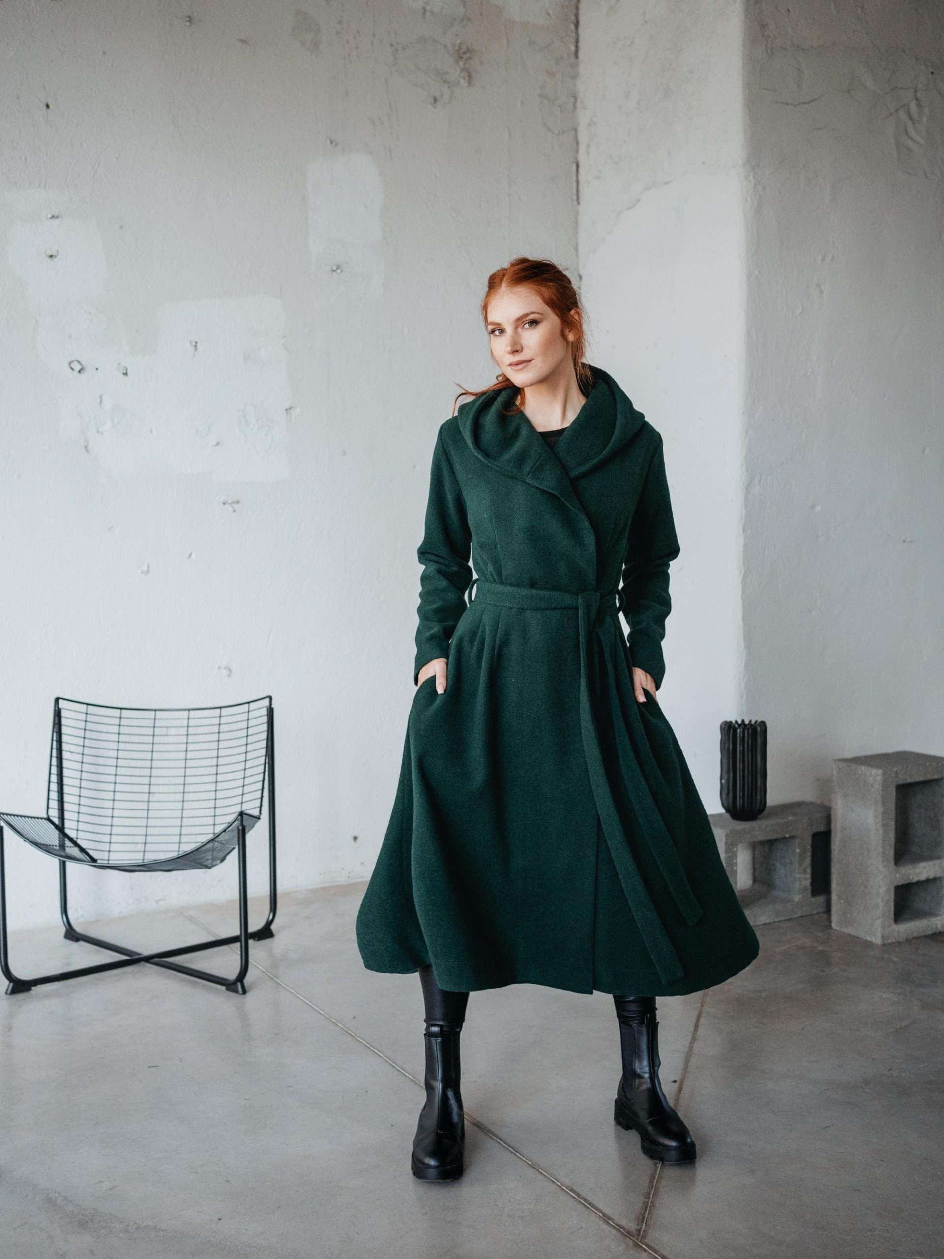 Green Wool Midi Coat With Hood Fit And