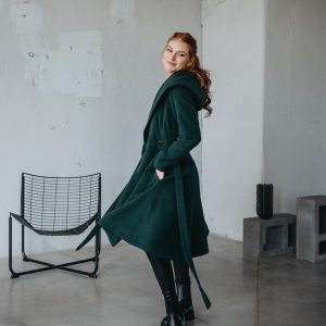 Merino Wool Midi Coat Hooded Princess Style Tie