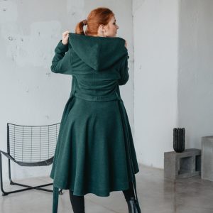 Merino Wool Midi Coat Hooded Princess Style Tie