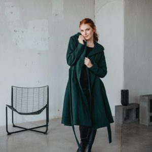 Merino Wool Midi Coat Hooded Princess Style Tie