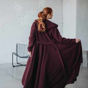 Hooded Merino Wool Coat With Belt Elegant Winter