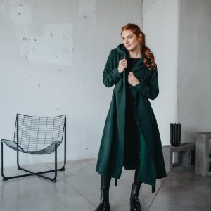Green Wool Midi Coat With Hood Fit And