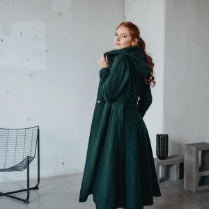 Green Wool Midi Coat With Hood Fit And