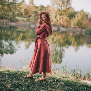 Heavyweight Linen Midi Dress: Aline Dress With Obi