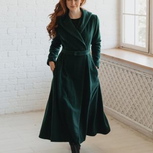 Merino Wool Maxi Coat: Women's Hooded Winter Swing