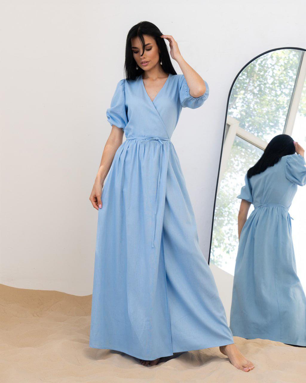 Linen Wrap Dress Puff Sleeve Vneck Midi Ecofriendly